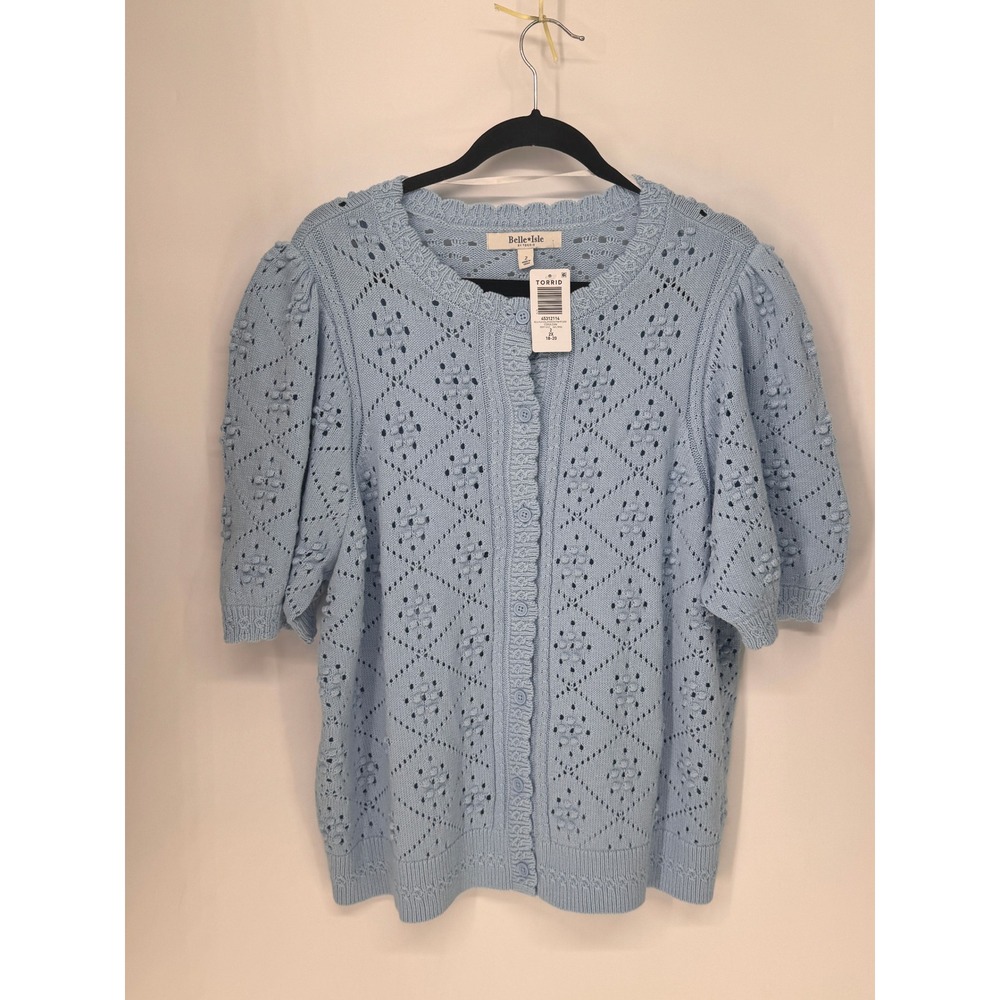 Torrid Cardigan Women 2X Blue NWT Scallop Pointelle Belle Isle Short Sleeve